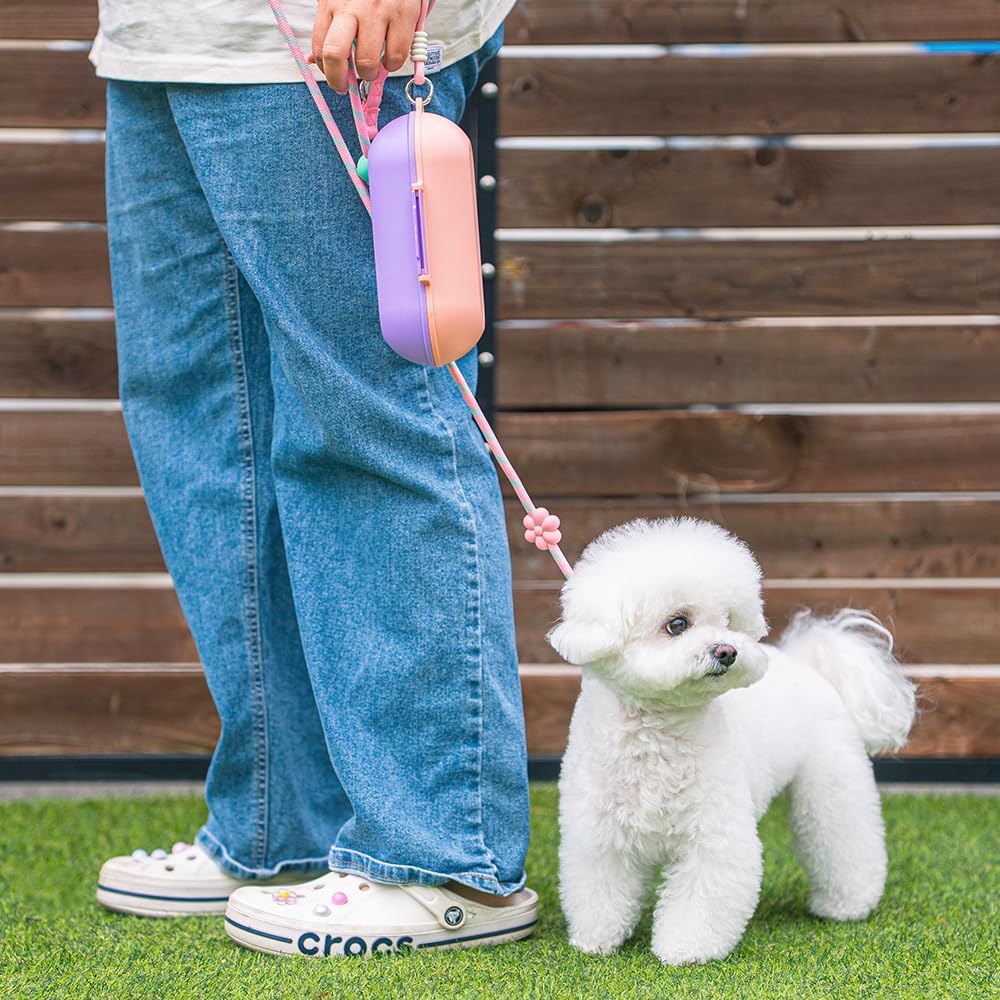 2-in-1 Dog Water Bottle with Food Container (10oz + 9.5oz), Leak-Proof Portable Dog Travel Water Bottle with Built-in Bowl & Dispenser, Easy to Use (Pink&Purple)