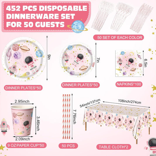 452 Pcs Space Plates Napkins Party Supply, Light Pink