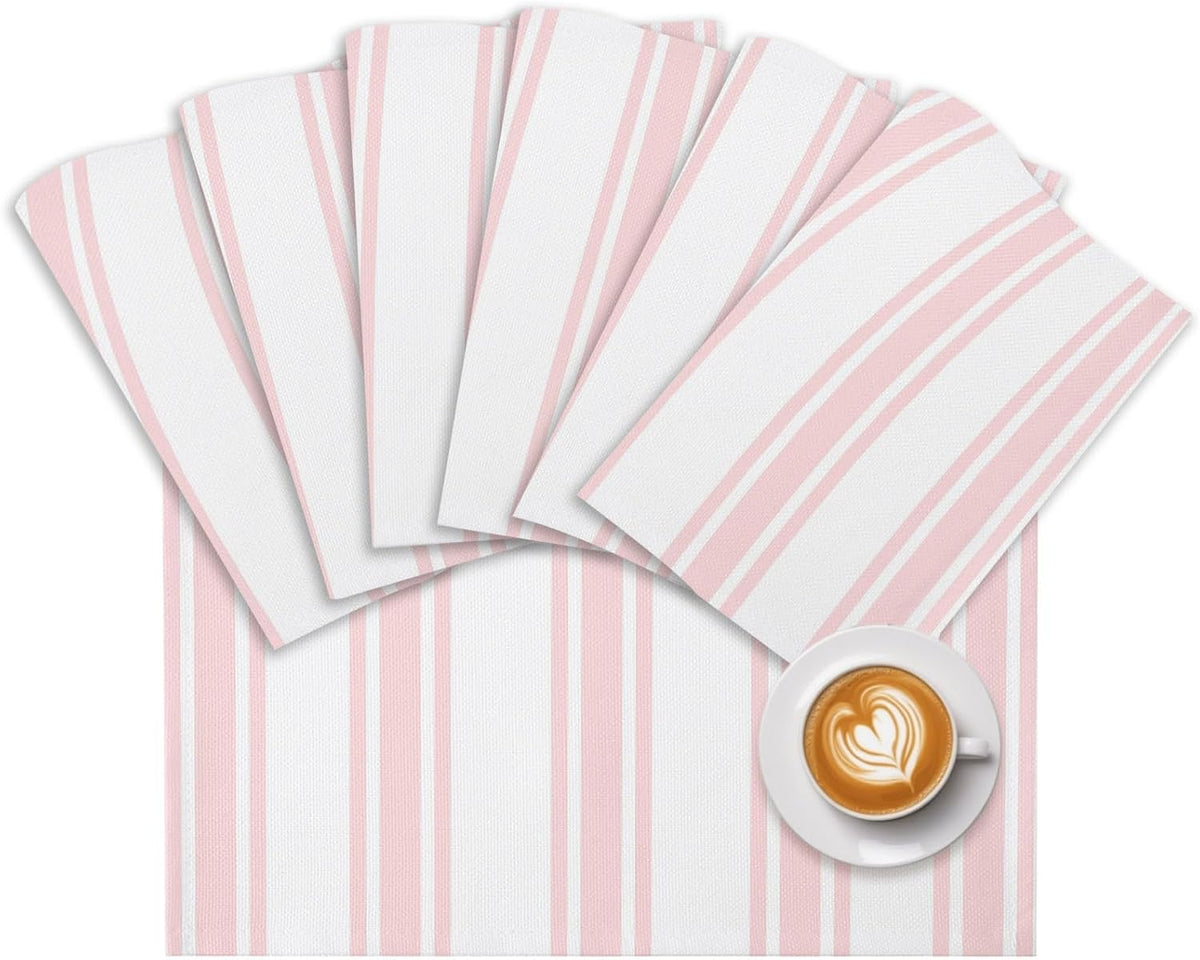 Pink Striped Placemats Set of 2, Cotton Linen Fabric Place Mats, Farmhouse Aesthetic Modern Stripes Washable Decorative Table Mats Protector for Home Kitchen Dining Wedding Party Coffee Tables