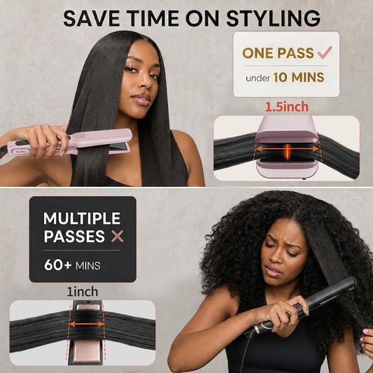 1 1/2 Inch Wide Plate Hair Straightener for Thick Hair, Ceramic Flat Iron for Faster Styling & Curling, Floating Plates for Smooth Frizz-Free Results, 15s Heat Up, Dual Voltage (Pink)