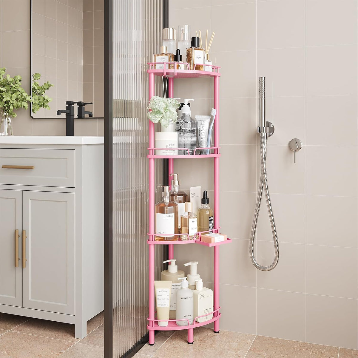 Corner Shower Caddy Standing, 4 Tier Metal Shower Organizer, Pink