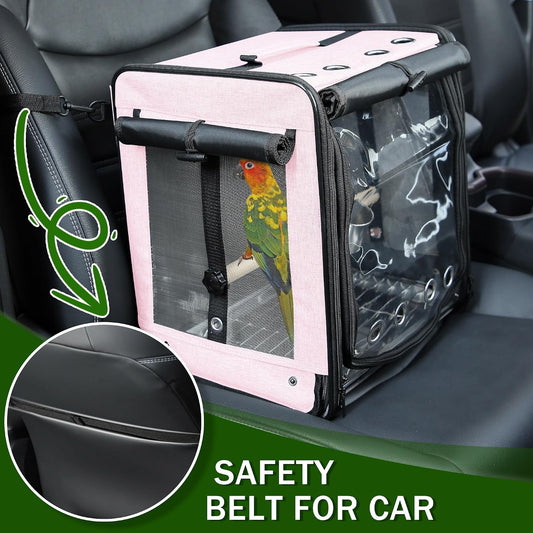 Bird Carrier with Seat Belt for Car Travel, Bird Backpack Carrier with Indestructible Stainless Steel Mesh, Large Bird Carrier Travel Cage, Pink
