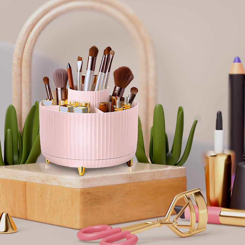 Makeup Brush Organiser - Large Compartment Cosmetic Organizer -Eyeliner, Nail Polish, Art Supply, Bathroom Vanity Desktop Organizer (Pink)