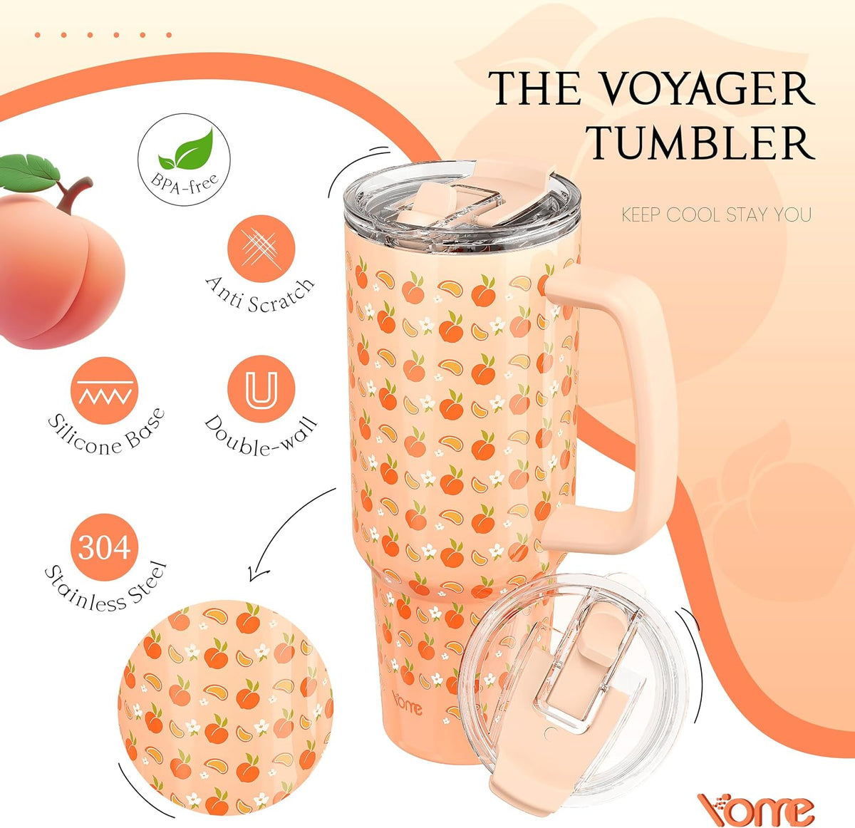YOME 40 oz Summer Peach Tumbler with Handle and Flip Straw for Women | Stainless Steel Insulated Water Bottle | Keeps Drinks Cold | Dishwasher Safe | Cupholder Friendly | Gift Gym Travel Yoga