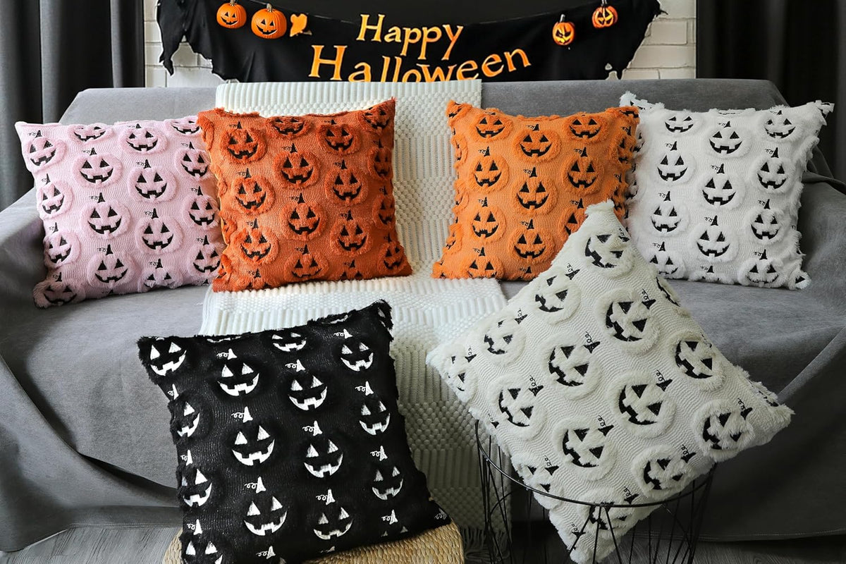 Halloween Pumpkin Decorative Pillow Covers 18x18 Set of 2, Pink Soft Plush Faux Fur Farmhouse Throw Cushion Cases for Fall Autumn Holiday Home Decorations