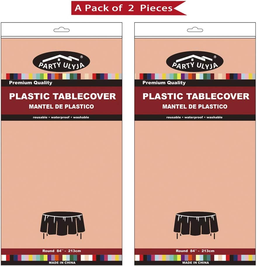 Peach Plastic Tablecloths 2 Pack Rose Gold Disposable Table Covers 84 Inch Circle Bridal Shower Party Tablecovers PEVA Table Cloths for BBQ Picnic Birthday Wedding Parties and 6 ft Round Table Use