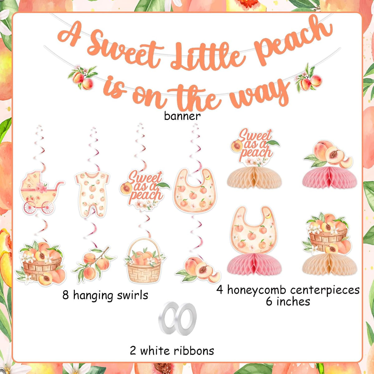 Peach Baby Shower Decorations Set, A Sweet Little Peach Is on the Way Banner, Sweet as a Peaches Honeycomb Centerpieces, Hanging Swirls Décor for Baby Girl Celebration