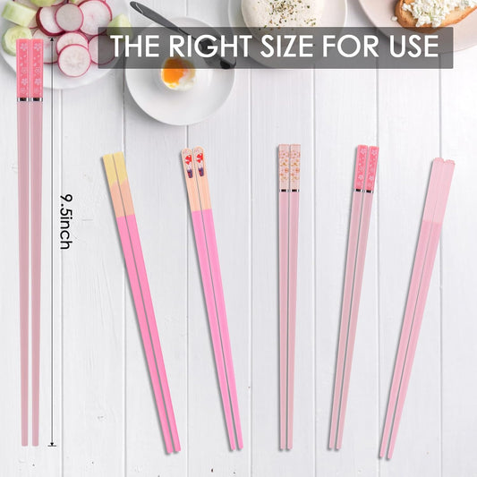 Chopsticks Reusable Dishwasher Safe, 5 Pairs 9.5 Inches Premium Chop Sticks Set for Sushi, Ramen, Asian Cuisine, Matte Non-slip with Gift Case, Pink