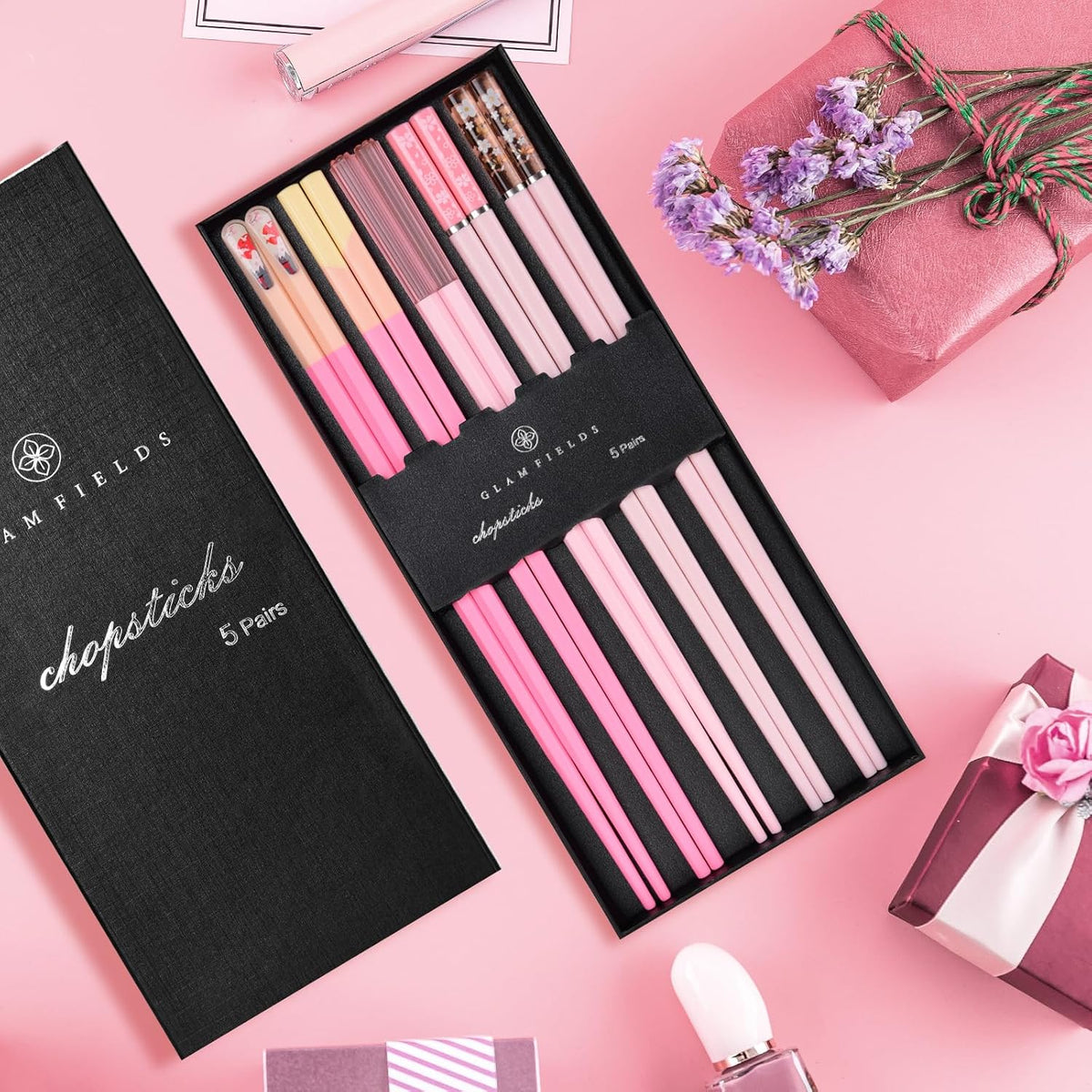 Chopsticks Reusable Dishwasher Safe, 5 Pairs 9.5 Inches Premium Chop Sticks Set for Sushi, Ramen, Asian Cuisine, Matte Non-slip with Gift Case, Pink