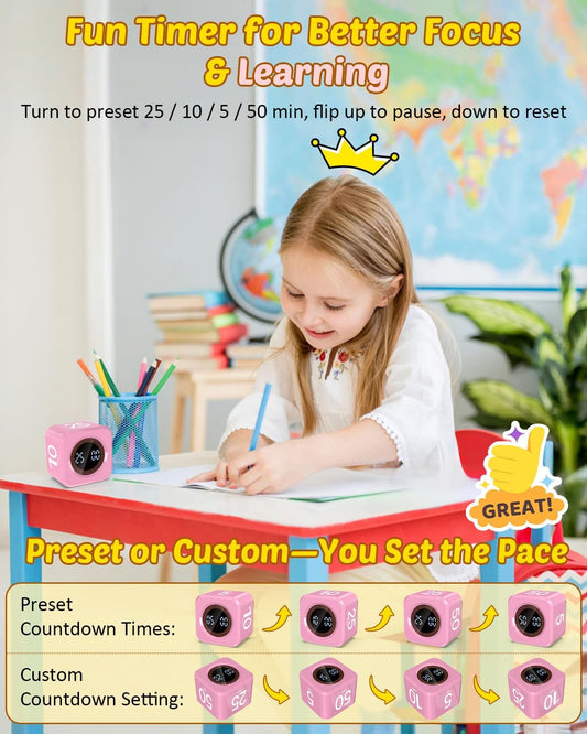 Digital Pomodoro Timer Cube 5/10/25/50min Preset, Silent & Sound Alarm