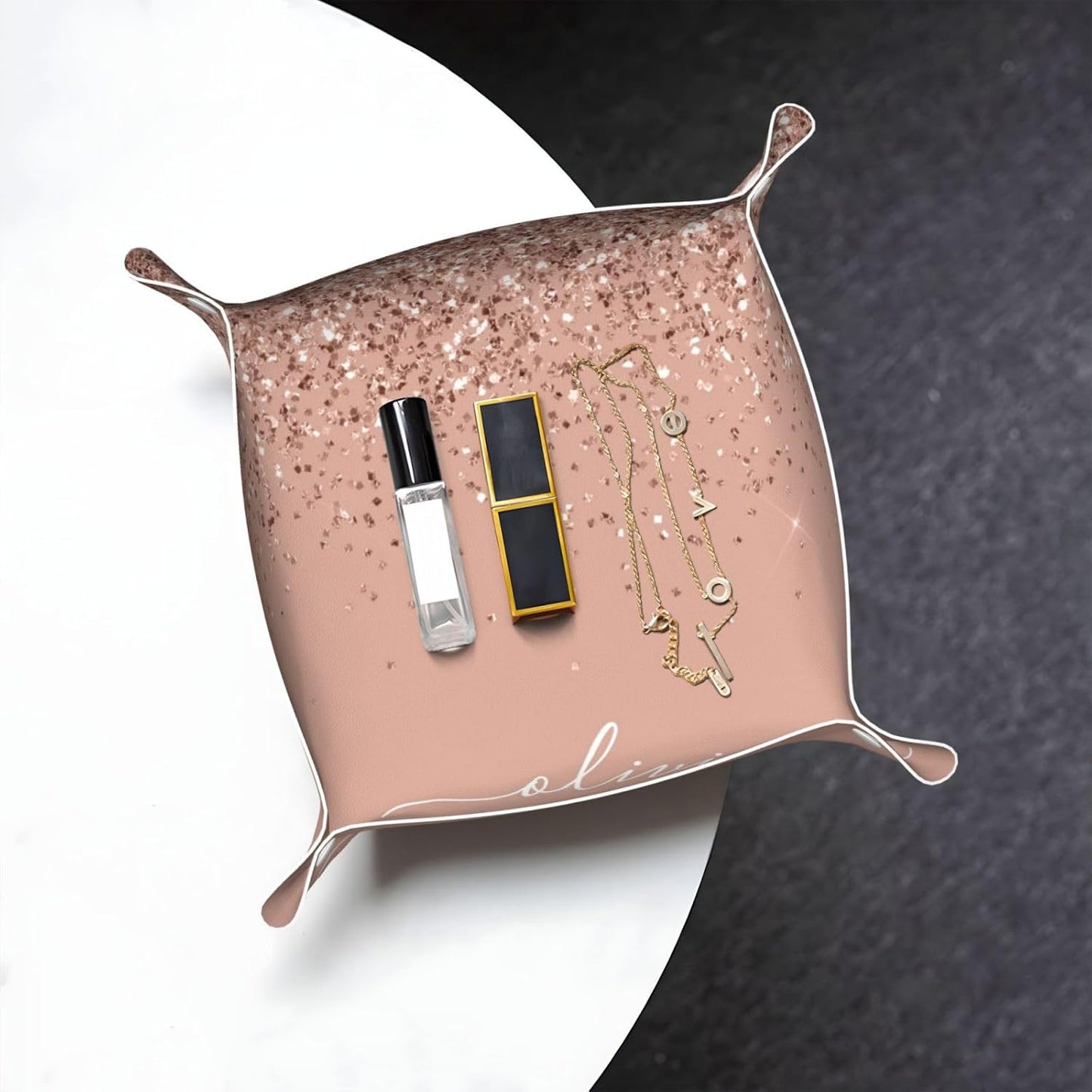 Blush Pink Rose Gold Glitter Leather Vanity Tray Desktop Storage Organizer, Decorative Catchall Perfume Tray, Bathroom Valet Tray,Nightstand Caddy Holder for Keys Phone Wallet Coin Jewelry, S