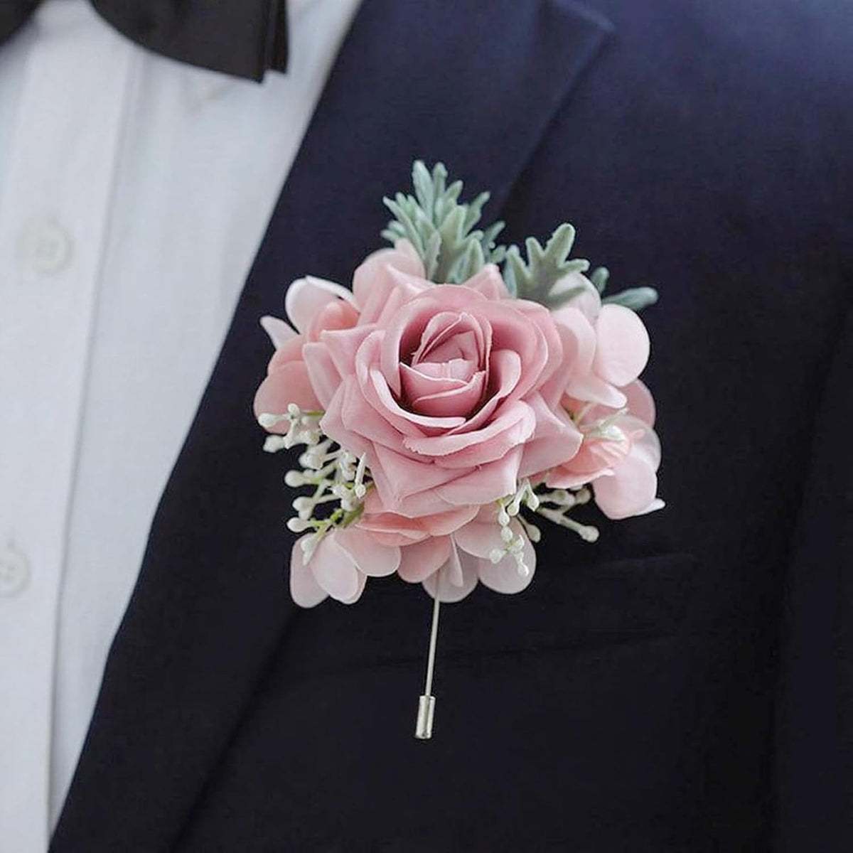2PCS Rose Flower Wrist Corsage and Boutonniere Set - Artificial Floral Wristlet for Wedding Party Prom Women Men Groom Groomsmen Bride Bridesmaid (Pink)