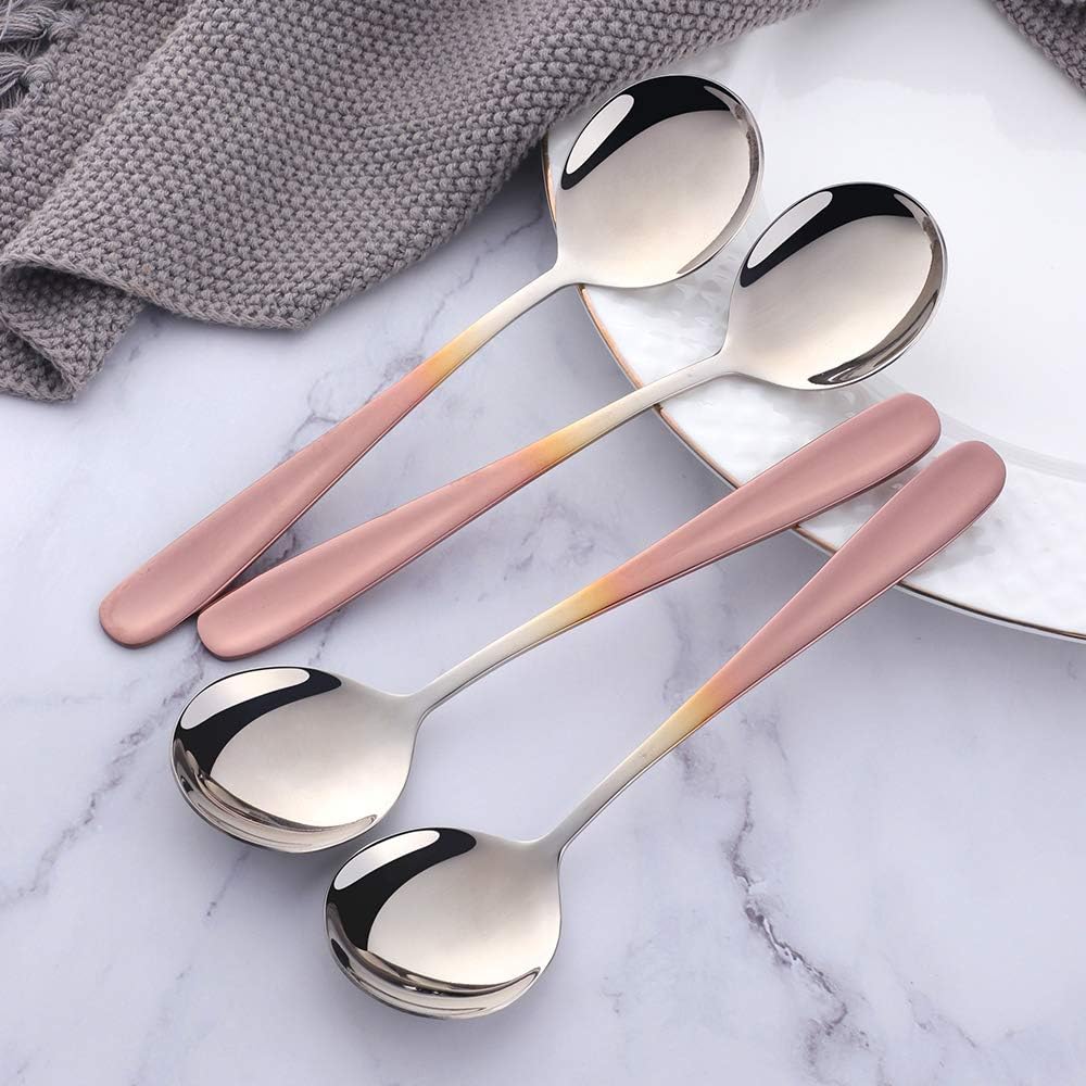 Bouillon Spoon Sets, 7-Inch Round Soup Spoons, Stainless Steel Finished Table Dinner Spoons (Gradient Rose Gold)