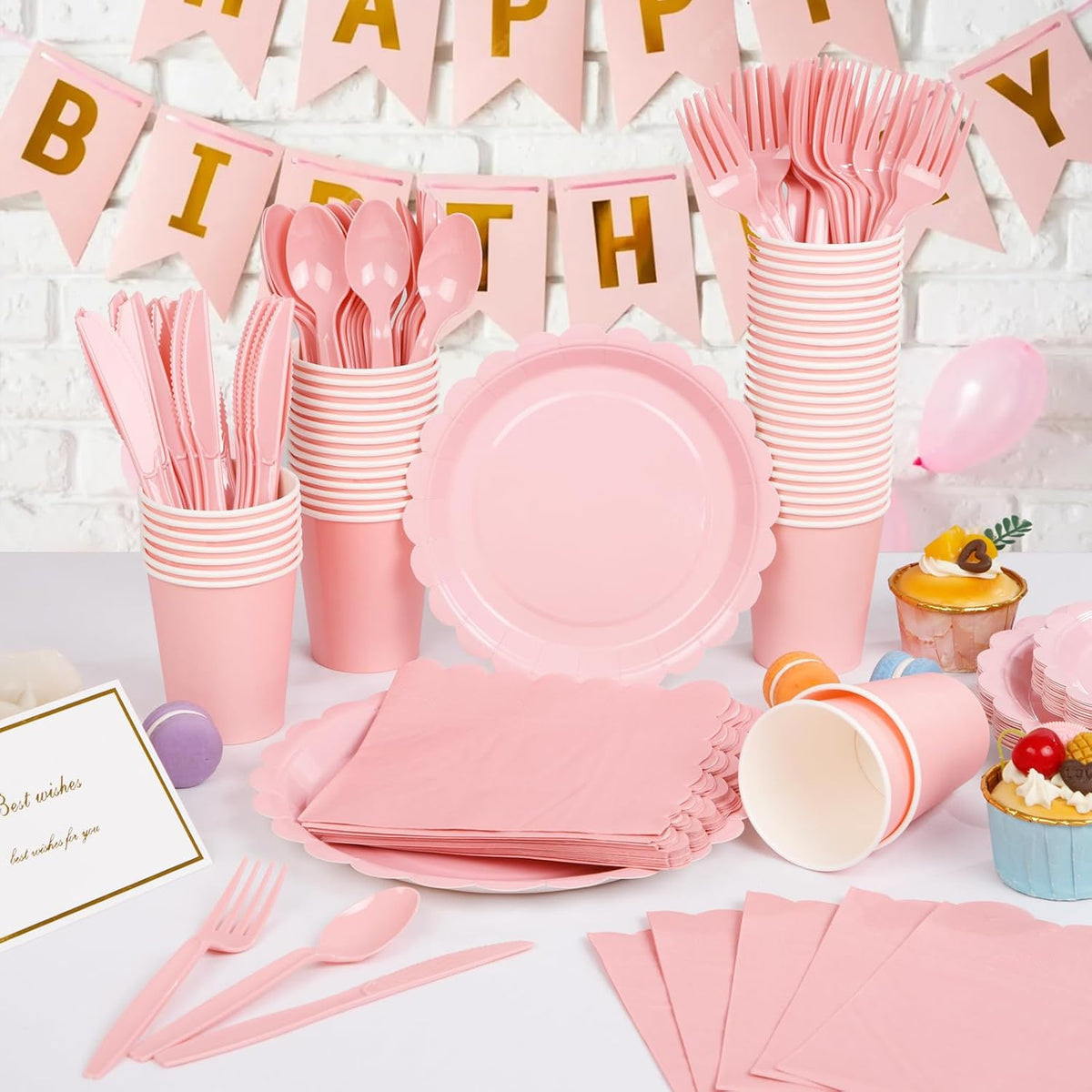 LIYH 350 Pcs Pink Paper Plates and Napkins - 50 Guest Light Pink Party Supplies Include Scalloped Plates Cups Plastic Spoons Forks Knives for Baby Shower Birthday Party