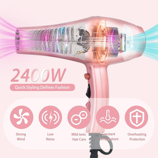 Ionic Hair Dryer,2400W Negative Ion Low Noise Hair Dryer Professional Fast Drying Hair Dryers with 2 Speeds, 3 Heat Settings, Cooling Button,with Diffuser for Curly and Straight Hair(Sakura Pink)