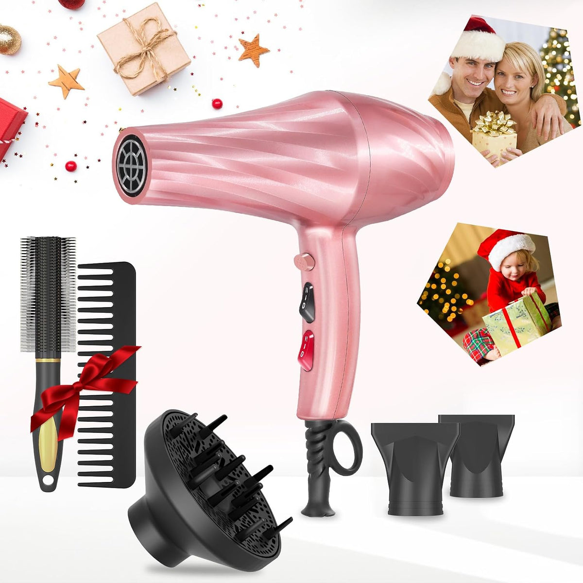 Ionic Hair Dryer,2400W Negative Ion Low Noise Hair Dryer Professional Fast Drying Hair Dryers with 2 Speeds, 3 Heat Settings, Cooling Button,with Diffuser for Curly and Straight Hair(Sakura Pink)