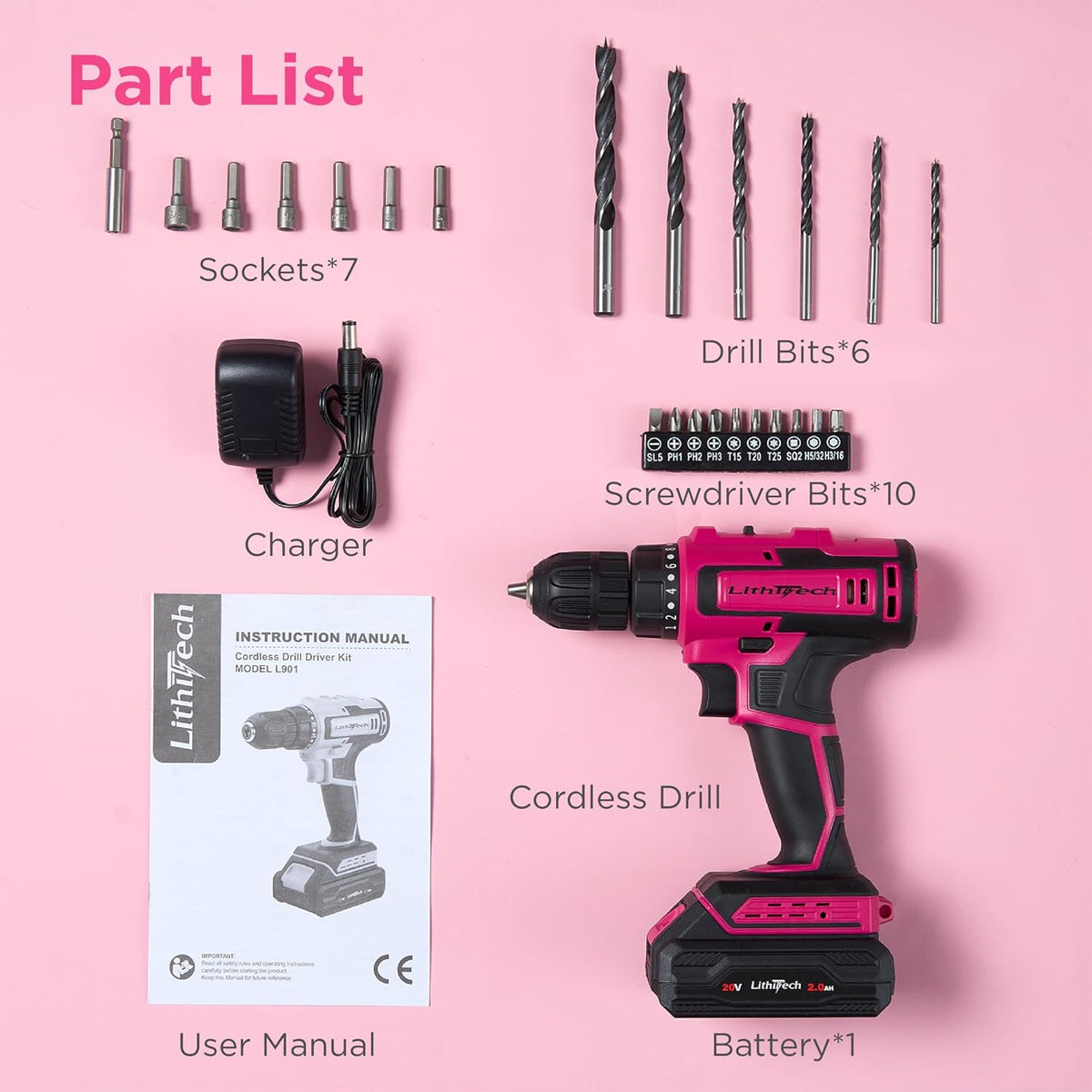 20V Pink Cordless Drill Set, 3/8" Keyless Chuck Electric Drill