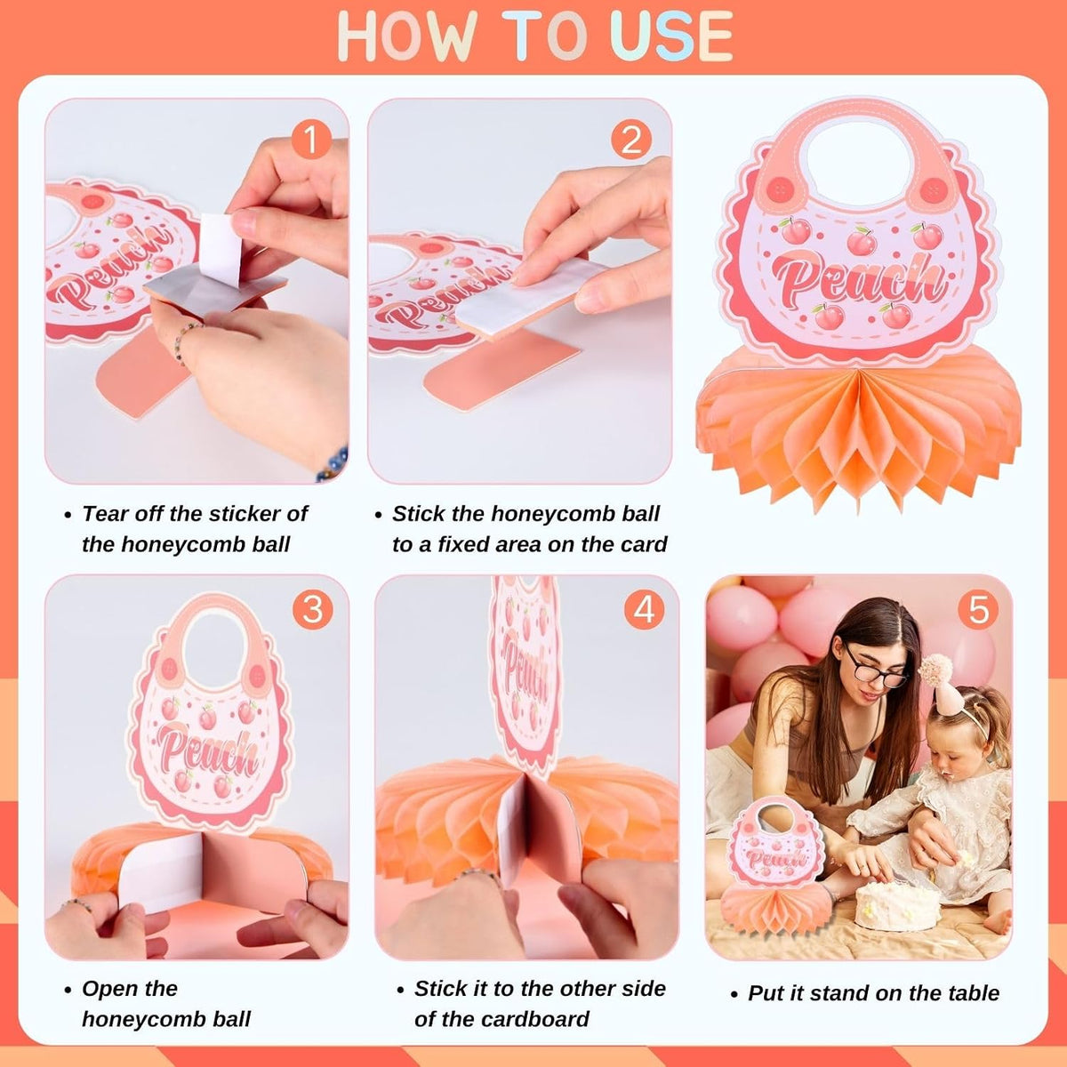 9pcs Sweet Peach Welcome Baby Honeycomb Centerpieces Baby Shower Party Table Decorations Peach is on the Way Tabletop Centerpieces Newborn Hello Baby Announcement Table Topper Sign Decorations