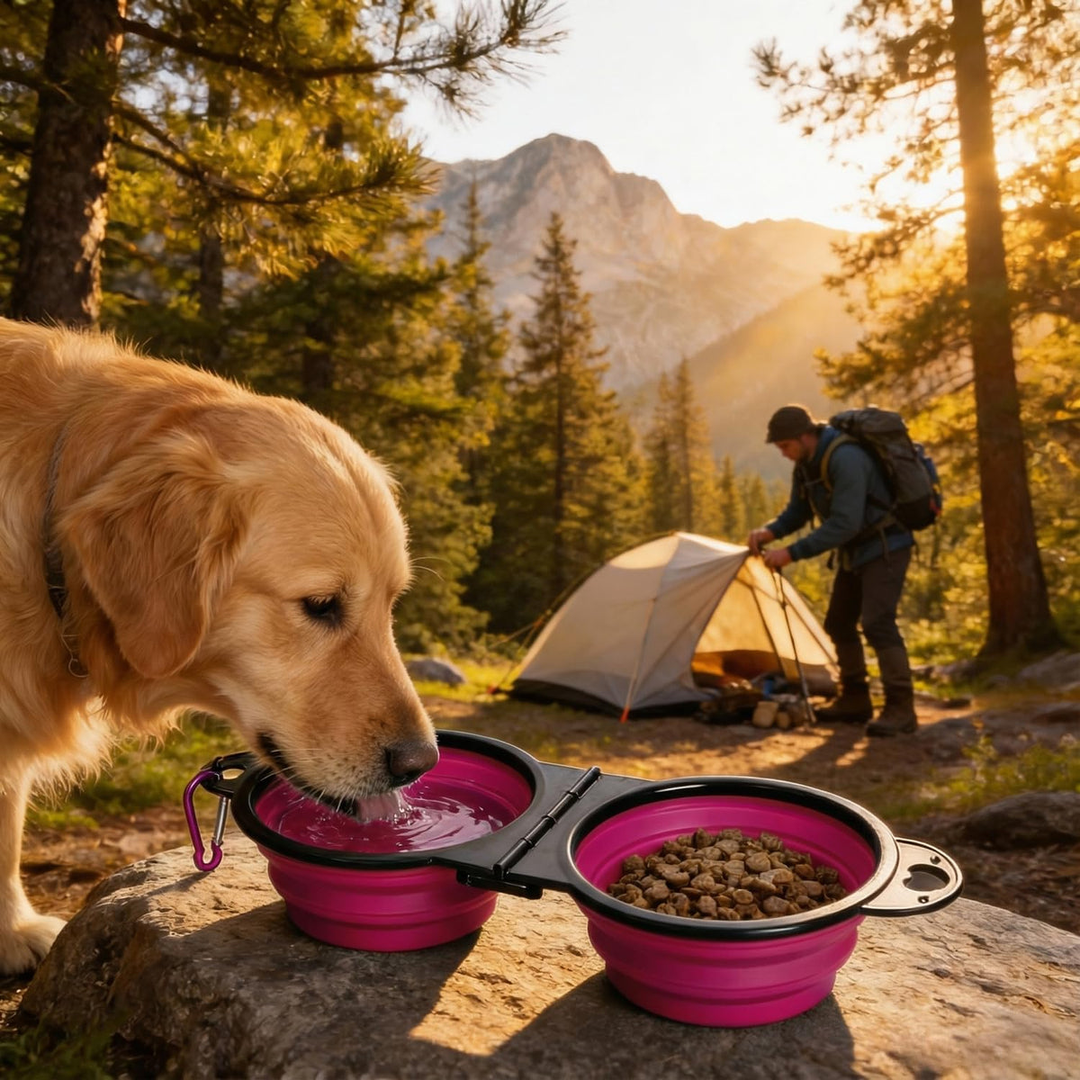 Double Collapsible Dog Bowls for Travel, Food and Water Set with Clip, Pink