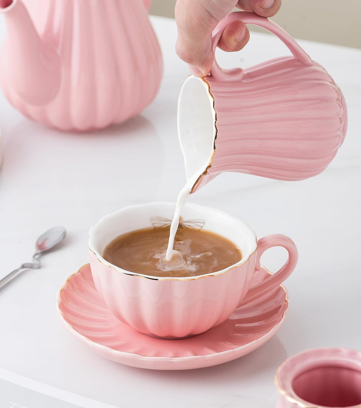 8 OZ Fine China Pink Coffee Cup/Teacup and Saucer Set