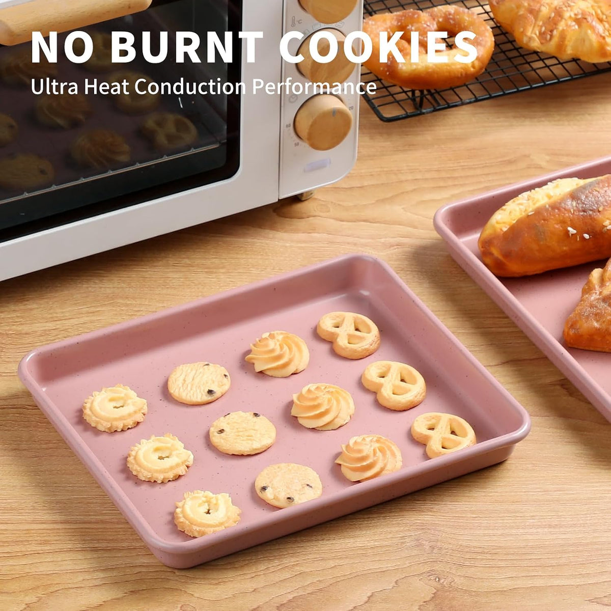 Toaster Oven Pans Set of 2, 11-Inch Nonstick Baking Sheet Pans and Trays, 1/8 Thicker Replacement Small Baking Tray Accessories for Cookie, Non Toxic and Easy Clean and Diswasher Safe, Pink