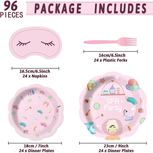 96Pcs Girls Spa Decorations Pink Sleepover Pajama Disposable Paper Plates Napkins Slumber Spa Birthday Tableware Set for 24 Guests Girls Makeup Birthday Pink Sleepover Party Supplies Favors