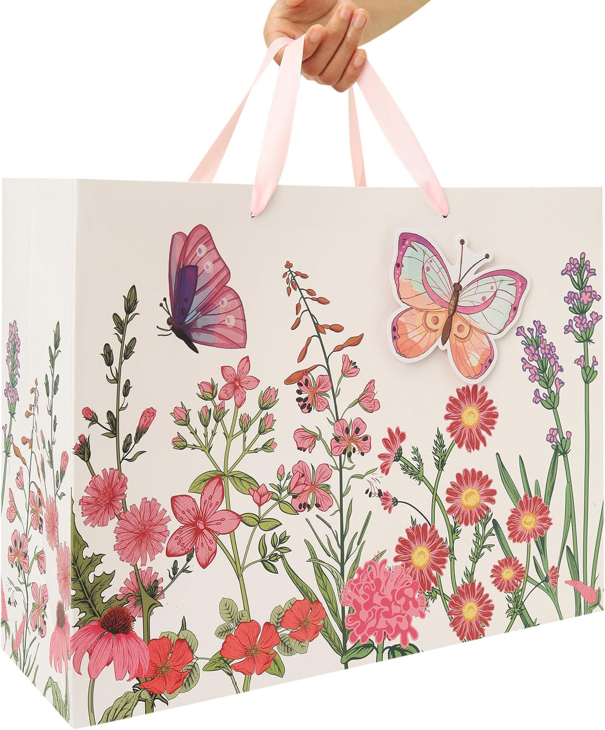 16.5” Extra Large 3D Butterfly Gift Bag Set with Handles, Greeting Card, Pink Tissue Papers and Stickers for Women Girls for Birthday, Mothers' Day, Wedding, Anniversary, Floral Design, 1 Pcs