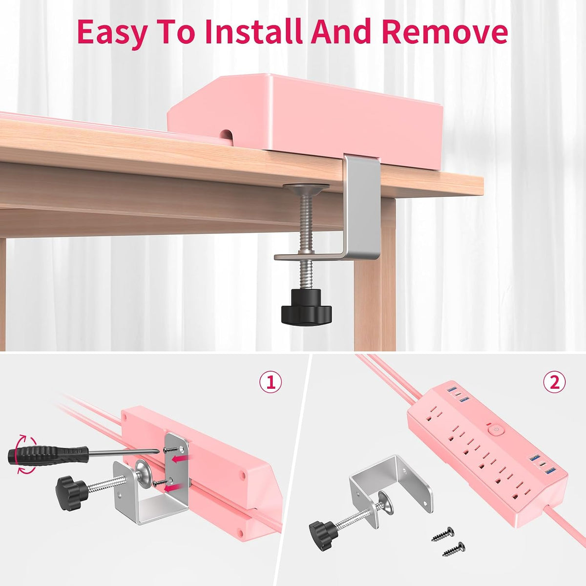 Pink Desk Clamp Power Strip 6FT with 40W USB C Ports, JXGUCAT Flat Plug Desk Mount Power Strip Surge Protector, Removable Extension Cord with 2 USB-C Ports 6 Outlets, Fits 1.8" Tabletop Edge