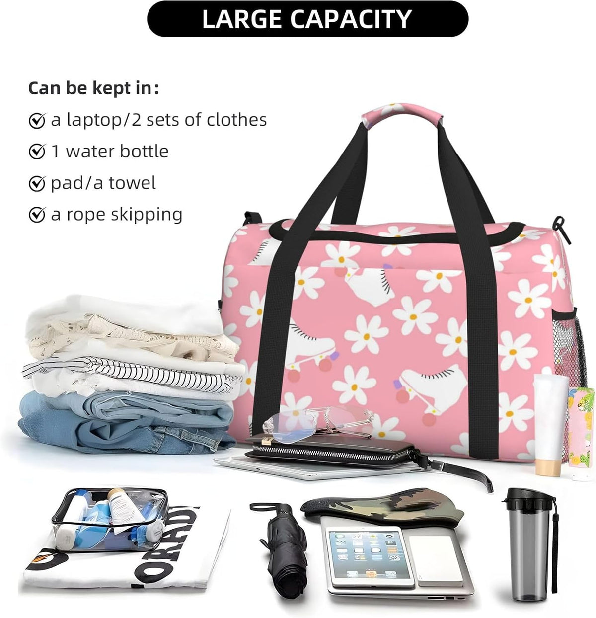 Pink Roller Skates Floral Girl Skater Travel Duffle Bag, Lightweight Hospital Bag for Women, Large Sport Gym Bag for Men