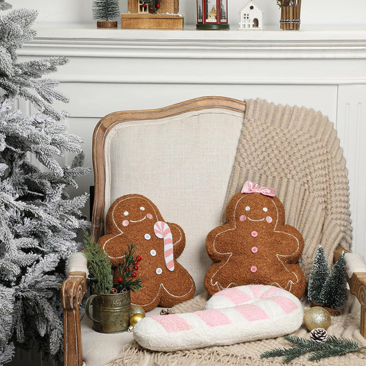 3 Pcs Pink Christmas Gingerbread Pillows Pink Candy Cane House Man Throw Pillows Stuffed Gingerbread Shaped Pillow for Xmas Sofa Couch Cushion Bed Home Winter Party Decor