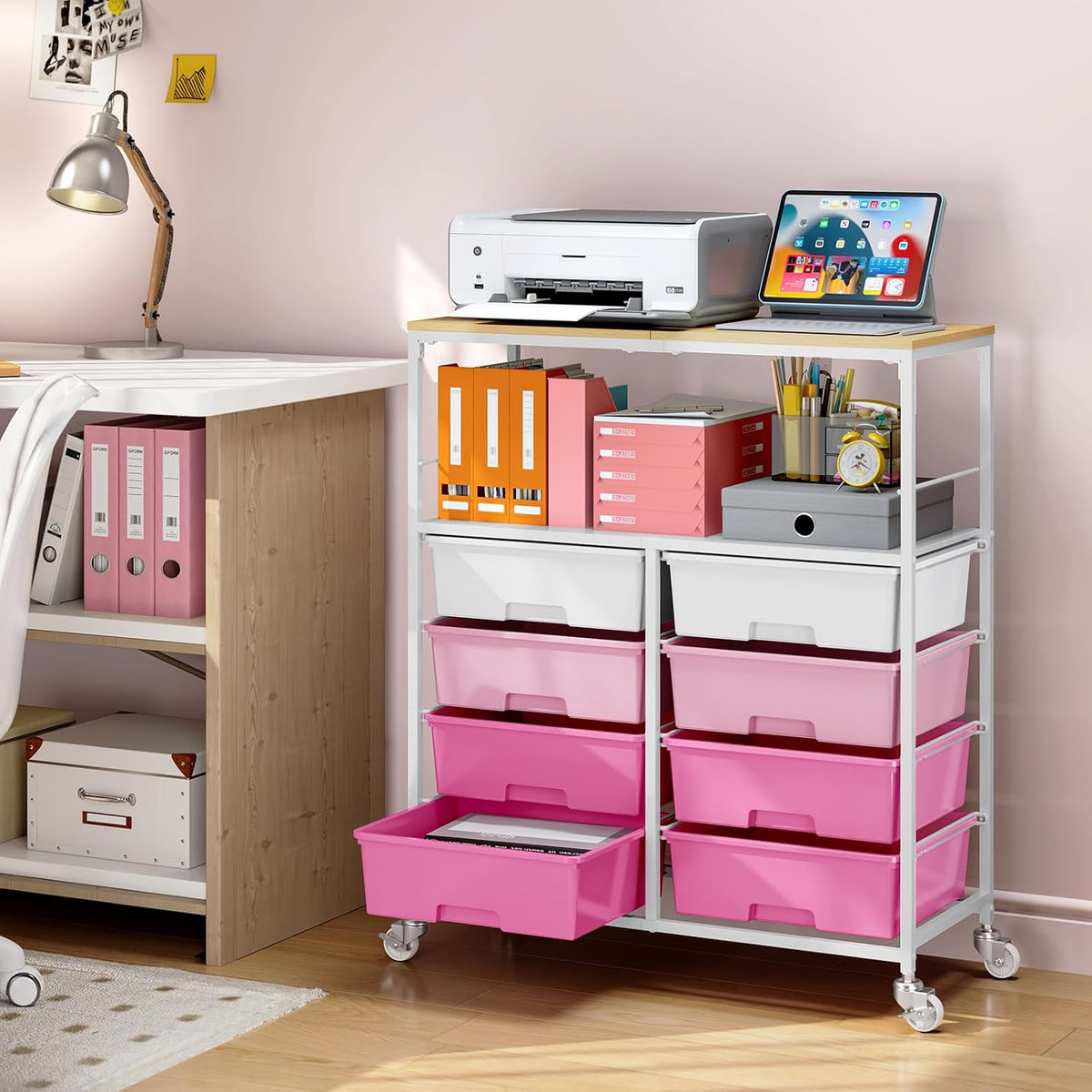 Rolling Storage Cart with 8 Large Drawers, Wooden Tabletop
