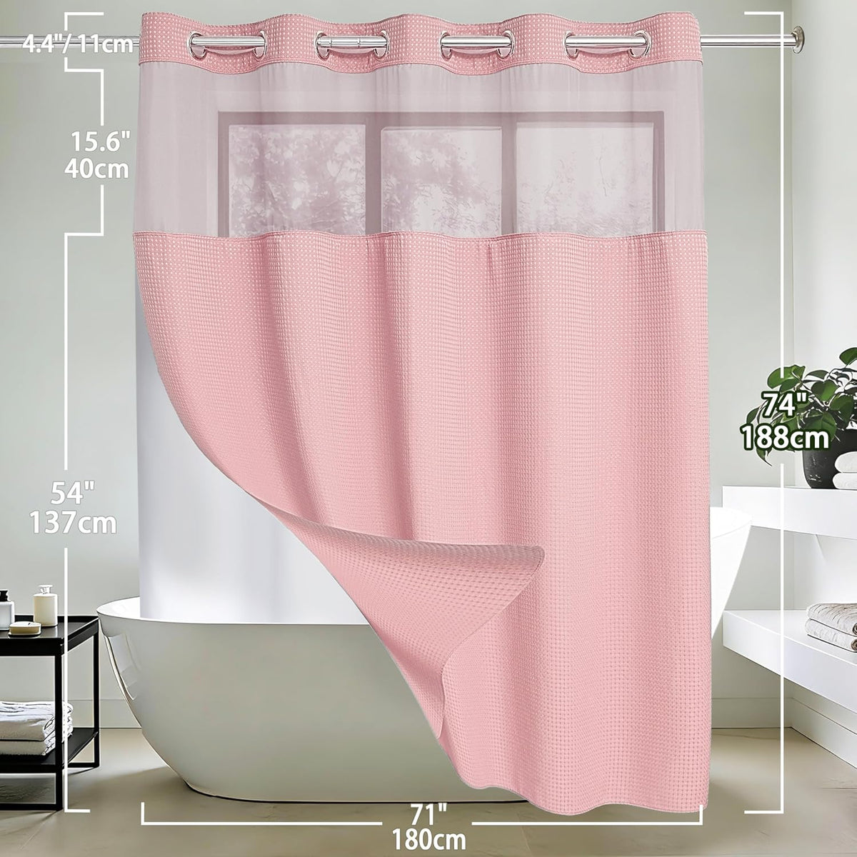 No Hook Waffle Weave Shower Curtain with Snap in Liner Set, Hotel Luxury Pink Shower Curtains for Bathroom with See Through Top Window, Waterproof, Washable 71W x 74H