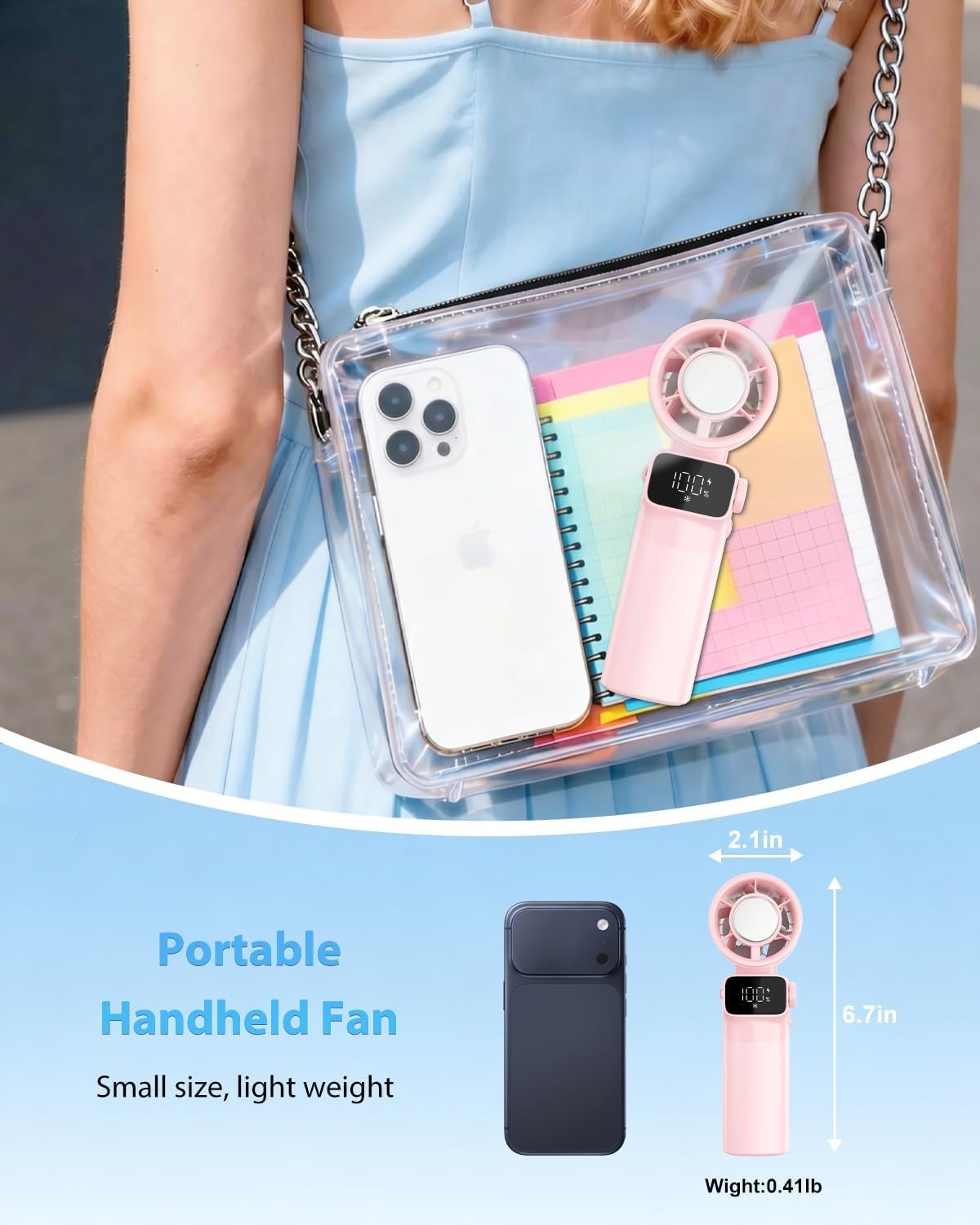 Portable Handheld Fan Rechargeable Foldable Personal Fan Pink