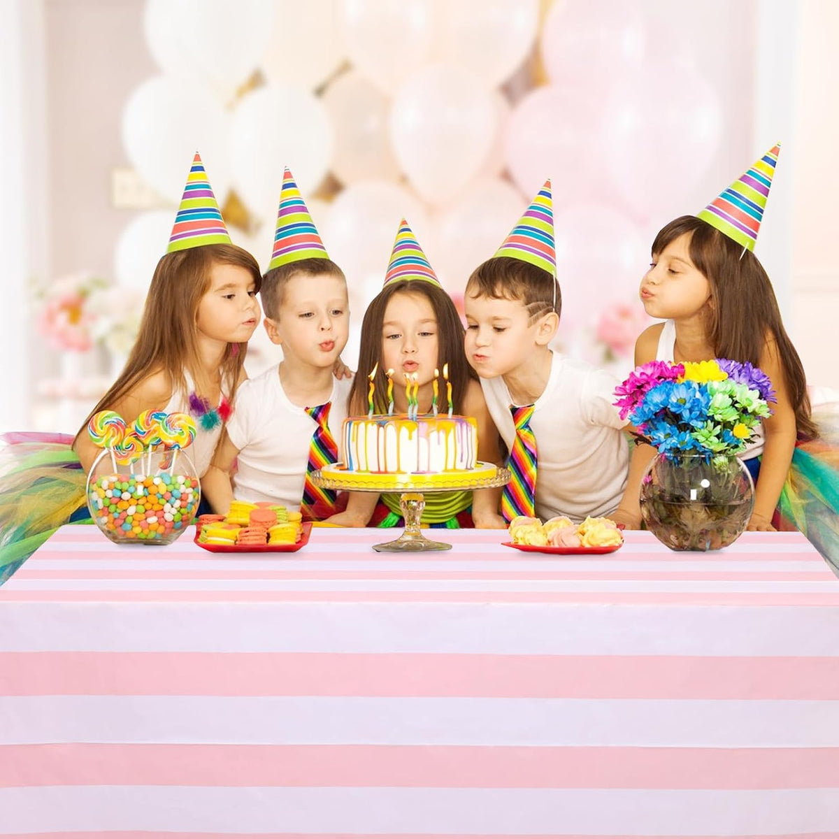 Kesfey Pink Striped Tablecloth Picnic Vertical Stripe Table Cover 3 Packs