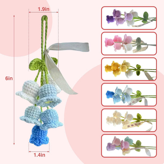 2Pcs Car Decorations Car Hanging Ornaments, Crochet Flowers Bag Charms Decor Cars Rear View Mirror Accessories Hand Knitted Crochet Flower Decor, for Room Backpack Keychain Decoration Pendant (Pink)