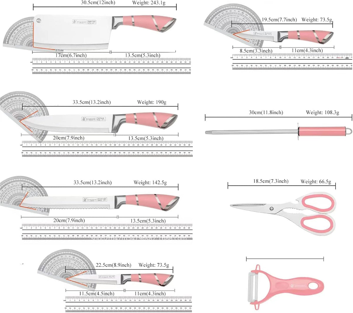9Pcs Cute Pink Kitchen Knife Set with Block,Cutlery Set for Women Gift