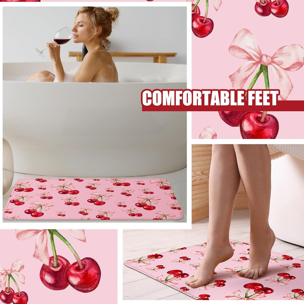 4 Pcs Pink Bow Cherry Shower Curtain Set Coquette Cherry Bathroom Decor Set with Rugs Romantic Pink Bow Aesthetic Bathroom Curtain with 12 Hooks Gifts for Women