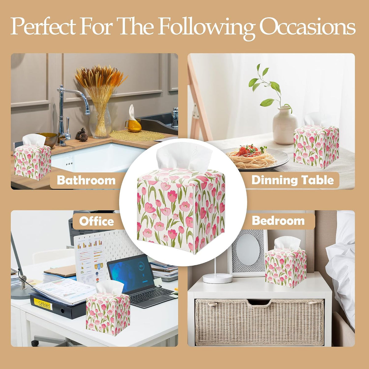 Spring Pink Floral Tissue Box Cover Square - Tulip Flowers Tissue Holder - Waterproof Facial Paper Organizer for Home Bathroom Office - Desk Tabletop Supplies Decorative Dispenser Box - A02