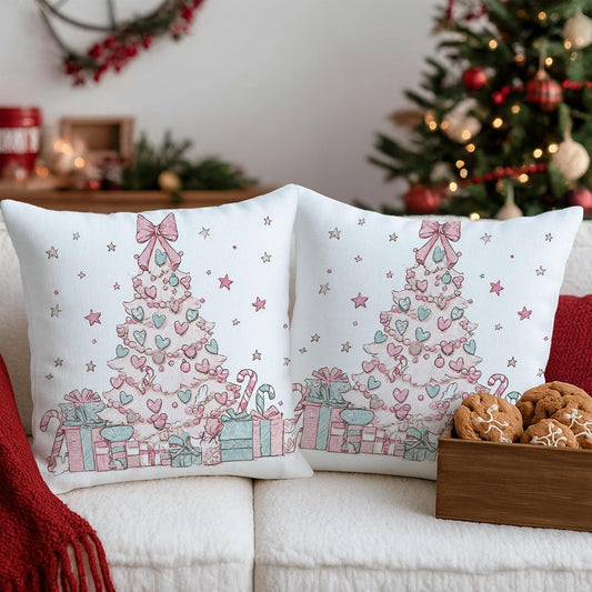 Christmas Tree Throw Pillow Covers Set of 2, Xmas Fanciful Presents Hearts Peach Soft Velvet Washable Square Pillow Cases for Living Room Apartment Bed Sofa Decor 18x18 Inch