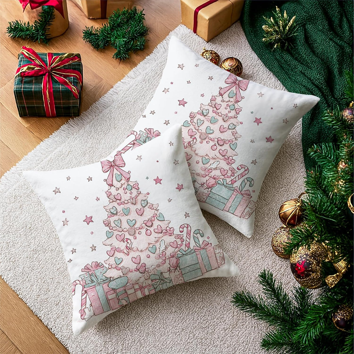 Christmas Tree Throw Pillow Covers Set of 2, Xmas Fanciful Presents Hearts Peach Soft Velvet Washable Square Pillow Cases for Living Room Apartment Bed Sofa Decor 18x18 Inch