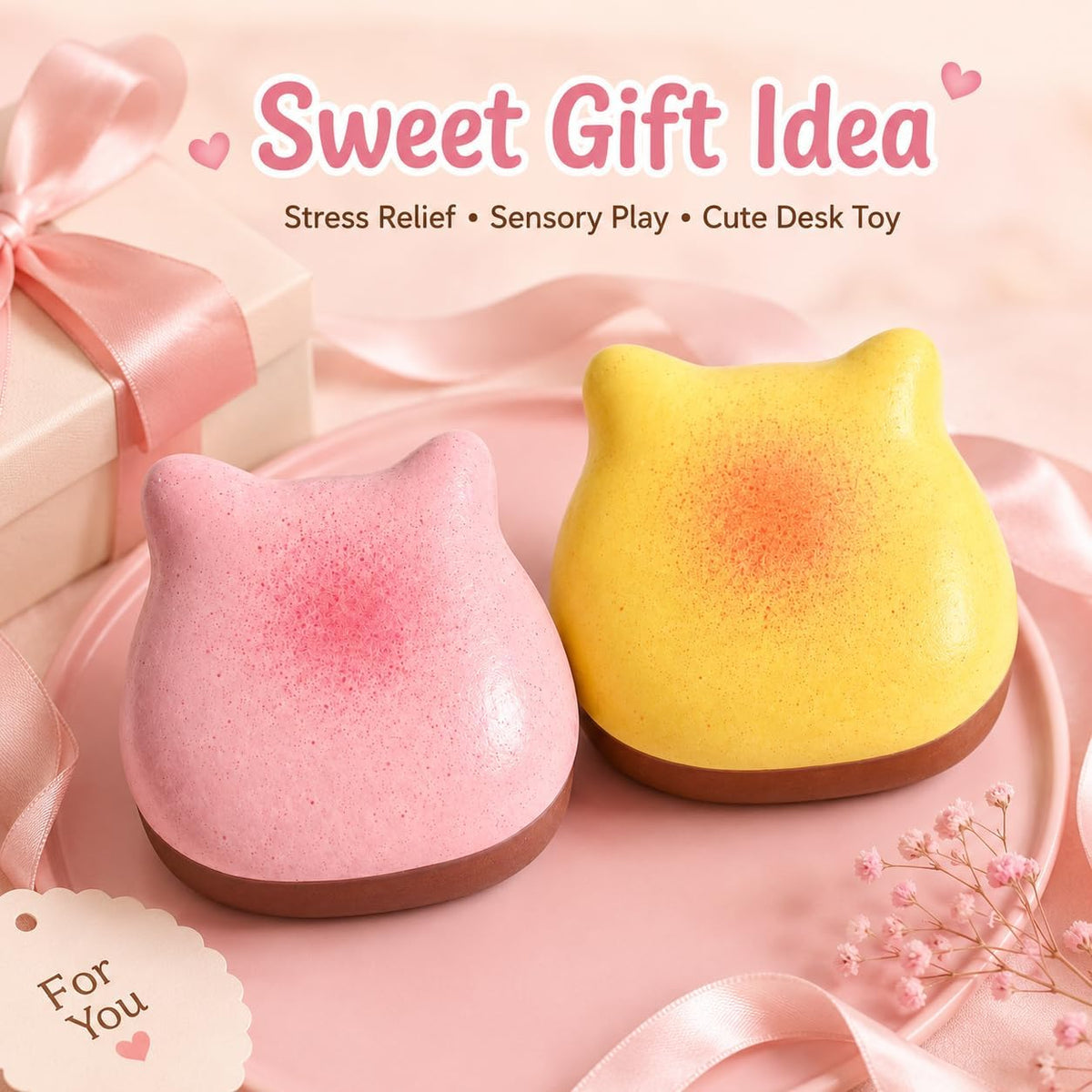 Cute Cat Sticky Bread Squishy Fidget Toys,Slow Rising Squeeze Toy,Realistic Food Moist and Soft for Stress Relief, Hand Exercise, Desk Play, Party Favors Gifts (Pink)