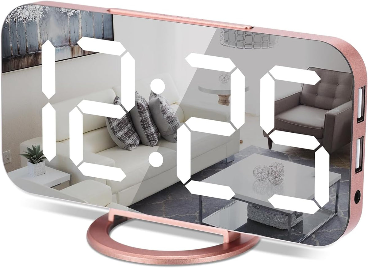 Digital Alarm Clock,7 Inch LED Mirrored Large Display, with Dual USB Charger Ports,Auto Dim,Snooze Function,Modern Desk Wall Electronic Clocks for Bedroom Living Room Office - Rose Gold
