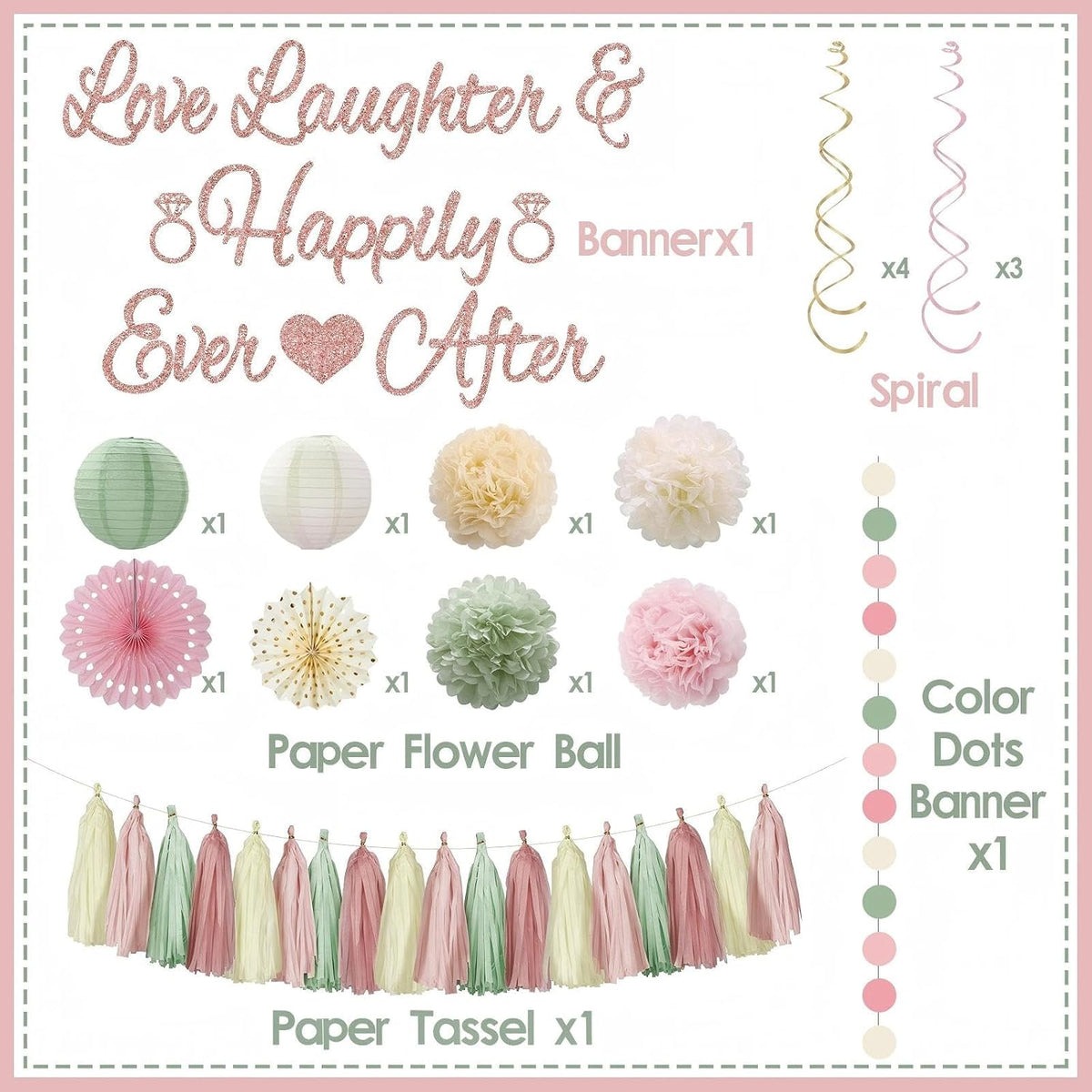 Bridal Shower Decorations,Sage Green Pink Bridal Shower Decorations Includes Love Laughter Happily Ever After Decorations Paper Flower Ball Wedding Decorations for Home Party Bachelorette Party