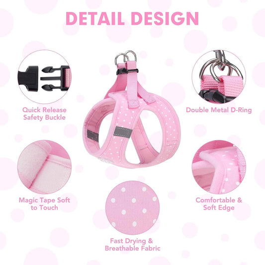 Dog Vest Harness for Puppy and Cat, No Pull Adjustable Reflective Step-in Puppy Harness Cute Pink Polka Dot Soft for Small and Medium Dogs