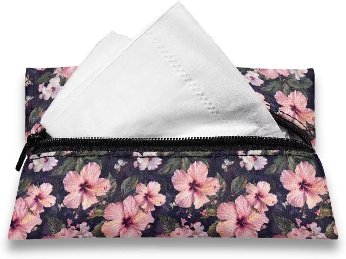Pink Floral Tissue Holder Pocket Tissue Holder for Purse Small Size Reusable Travel Tissue Pouch Coins Tissue Pouch for Bag Car Office Home