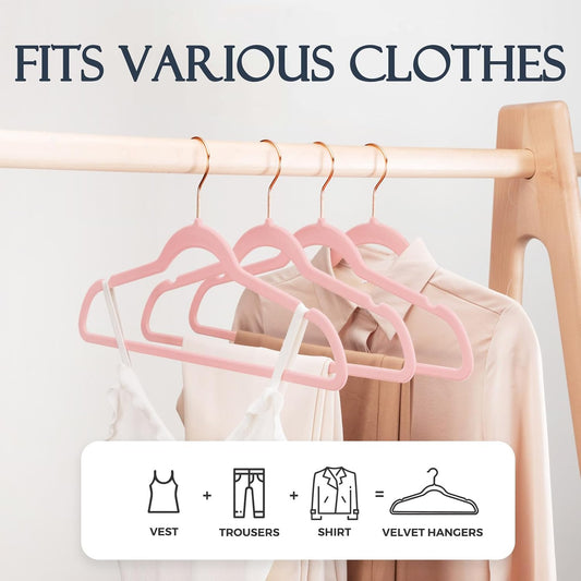 Pink Velvet Hangers 20 Pack, Premium Non-Slip Felt Clothes, Sturdy Heavy Duty Coat, Durable Hangers for Suits, Space Saving with No Hanger Mark, 360° Swivel Rotating Rose Gold Hook