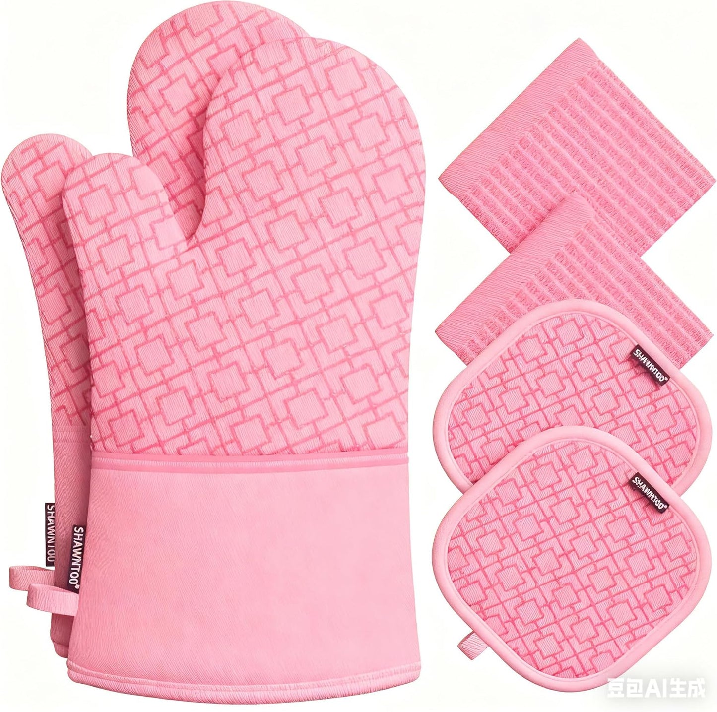 and Pot Holders Sets 6pcs, Kitchen Oven Glove,High Heat Resistant 550 Degree Extra Long and Potholders with Non-Slip Silicone Surface for Home Essentials (Grey) (Blush Pink)