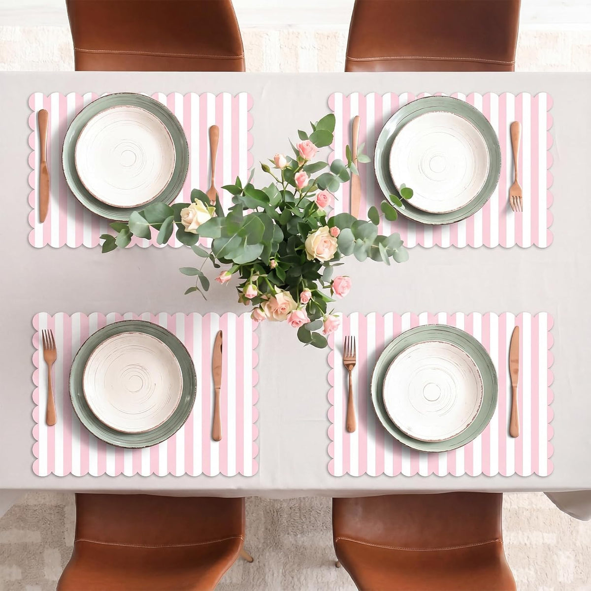 100 Pcs Pink Striped Paper Placemats Scalloped Disposable Placemat