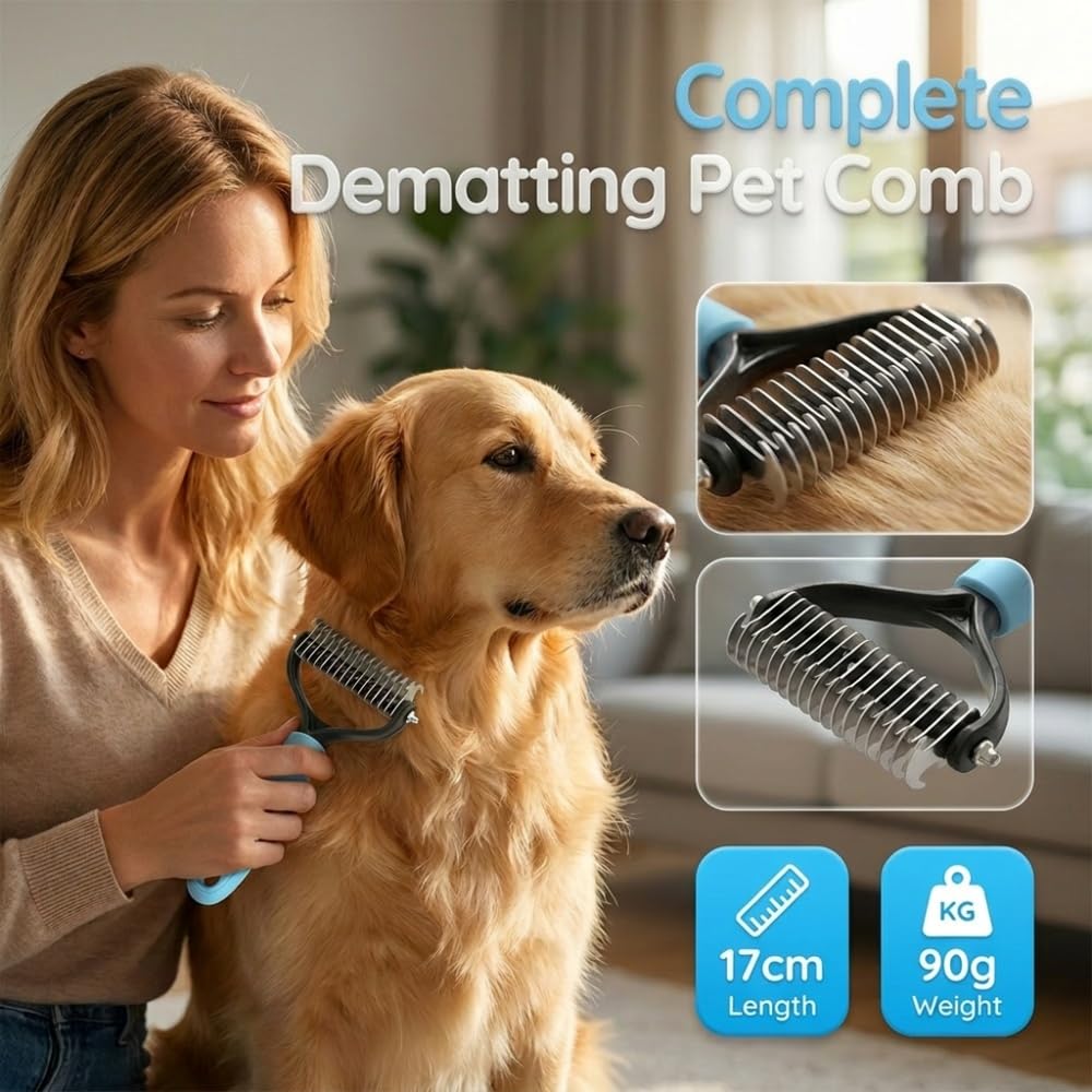 Double Sided Dematting Comb for Cats & Dogs, Professional Grooming Brush, Undercoat Rake with Ergonomic Grip, Safe Deshedding Tool for Long Thick Hair, Tangle Remover for Pets (Pink-L)