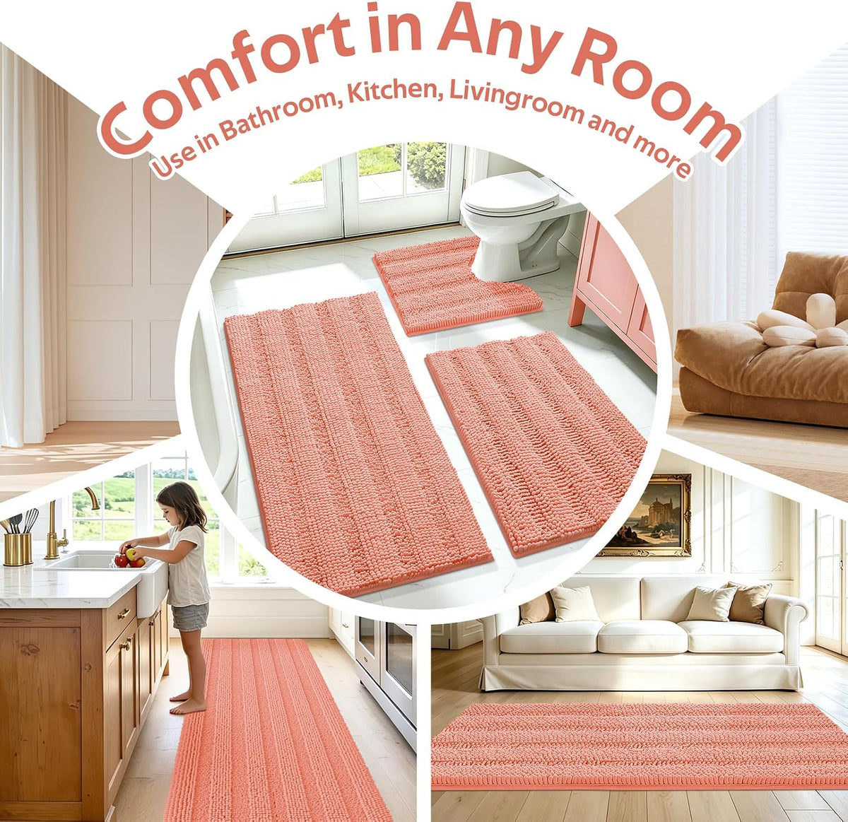 Striped Coral Bathroom Rug Mat 32"x20" Ultra Soft, Non Slip Chenille Bath Rugs, Absorbent Plush Shaggy Bath Mats for Bathroom, Bedroom, Kitchen, Shower, Tub